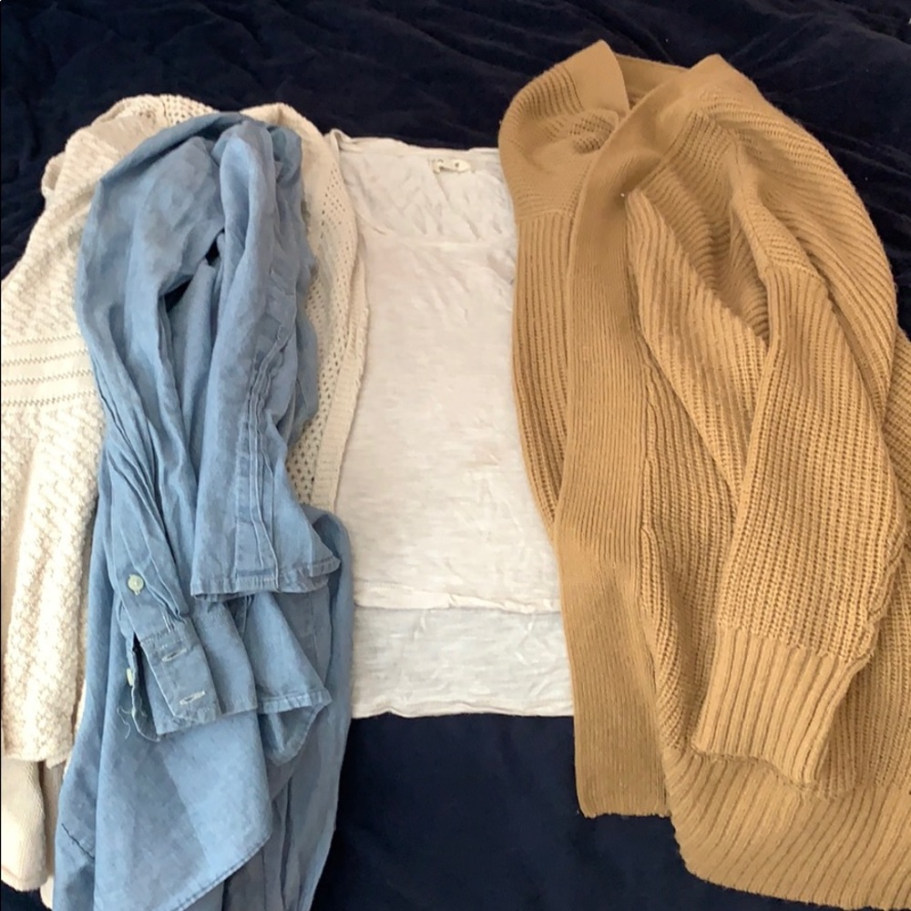 combo ( 2 cardigans one button down blue top & tee